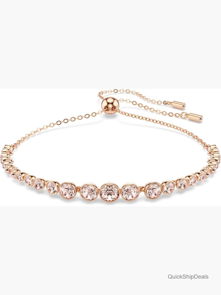 Rose Gold-Tone Tennis Bracelet With Pink Crystals, Adjustable Slide Closure